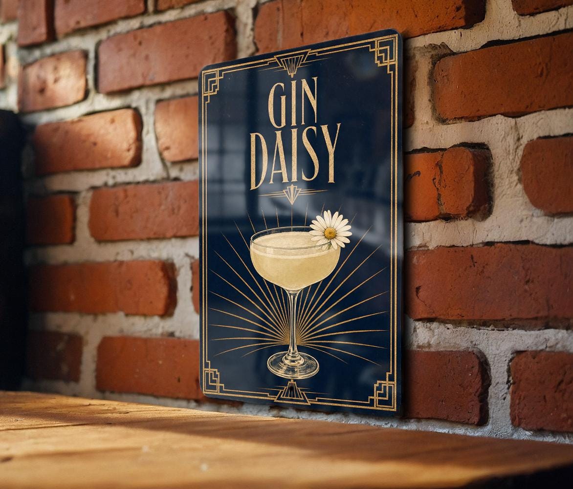 Gin Daisy Cocktail Metal Sign, Vintage 1920s Art Deco Bar Poster Sign, Gin Cocktail Wall Decor, Speakeasy Bar Decor — photo 1