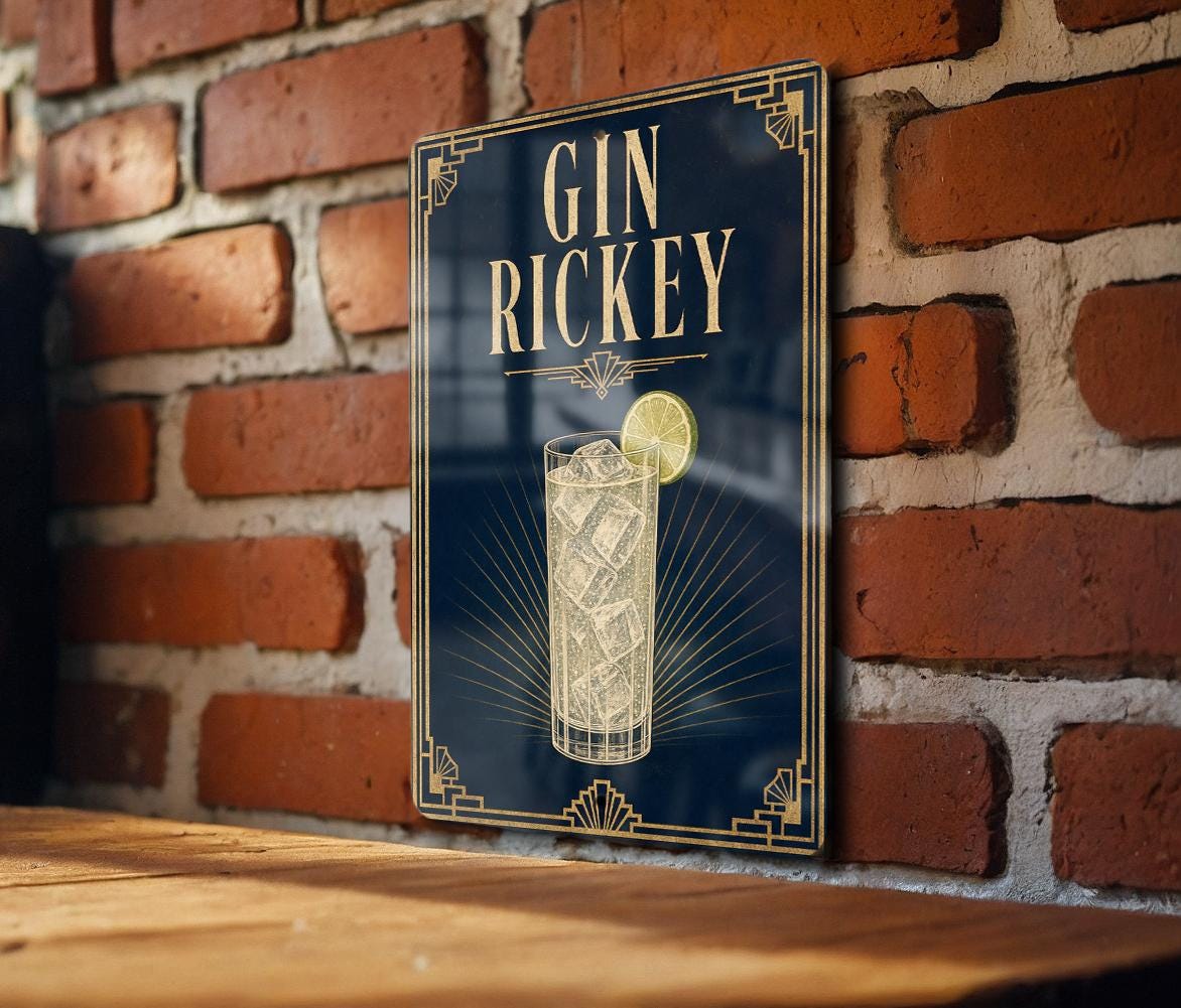 Gin Rickey Cocktail Metal Sign, Vintage 1920s Art Deco Cocktail Poster Bar Decor, Speakeasy Kitchen Home Pub Wall Sign — photo 1