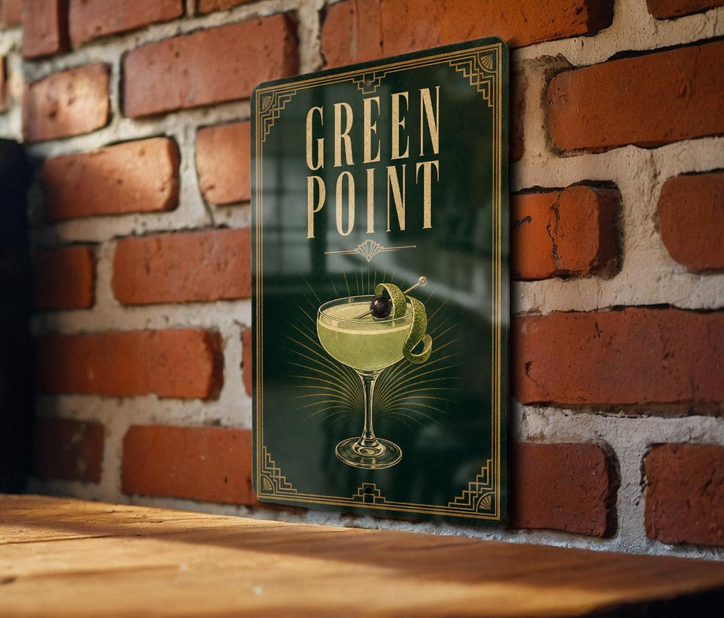 Greenpoint Metal Sign, Art Deco Cocktail Bar Poster Sign, Vintage 1920s Cocktail Drink Wall Decor, Home Bar Pub Sign — photo 1