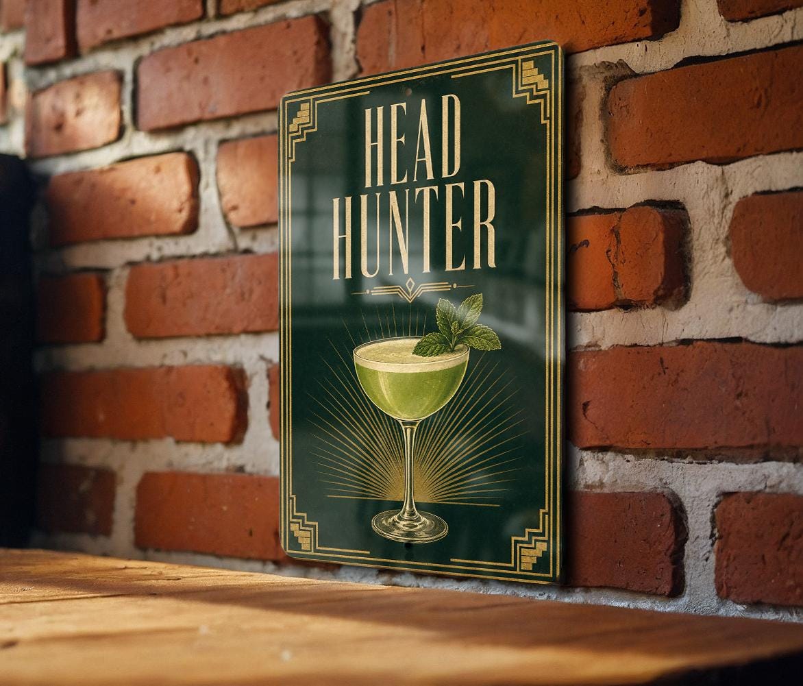 Headhunter Cocktail Metal Sign, Vintage 1920s Art Deco Tiki Bar Drink Poster Decor, Home Bar Wall Sign — photo 1