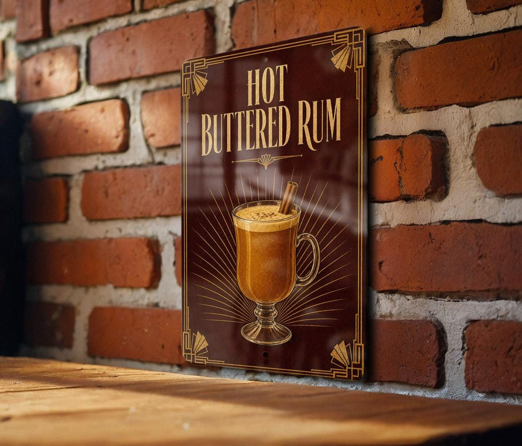 Hot Buttered Rum Metal Sign, Vintage 1920s Art Deco Cocktail Poster, Warm Spiced Rum Drink Bar Decor, Tiki Lounge Sign — photo 2