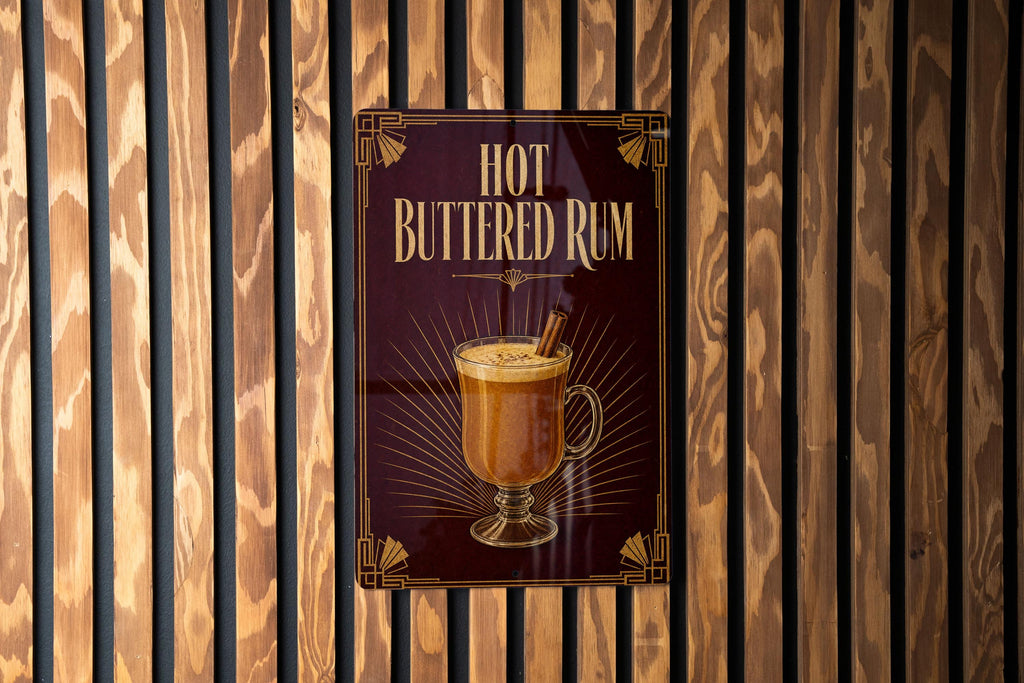 Hot Buttered Rum Metal Sign, Vintage 1920s Art Deco Cocktail Poster, Warm Spiced Rum Drink Bar Decor, Tiki Lounge Sign — photo 3