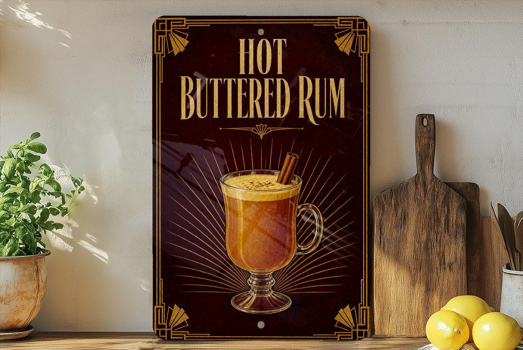 Hot Buttered Rum Metal Sign, Vintage 1920s Art Deco Cocktail Poster, Warm Spiced Rum Drink Bar Decor, Tiki Lounge Sign — photo 4