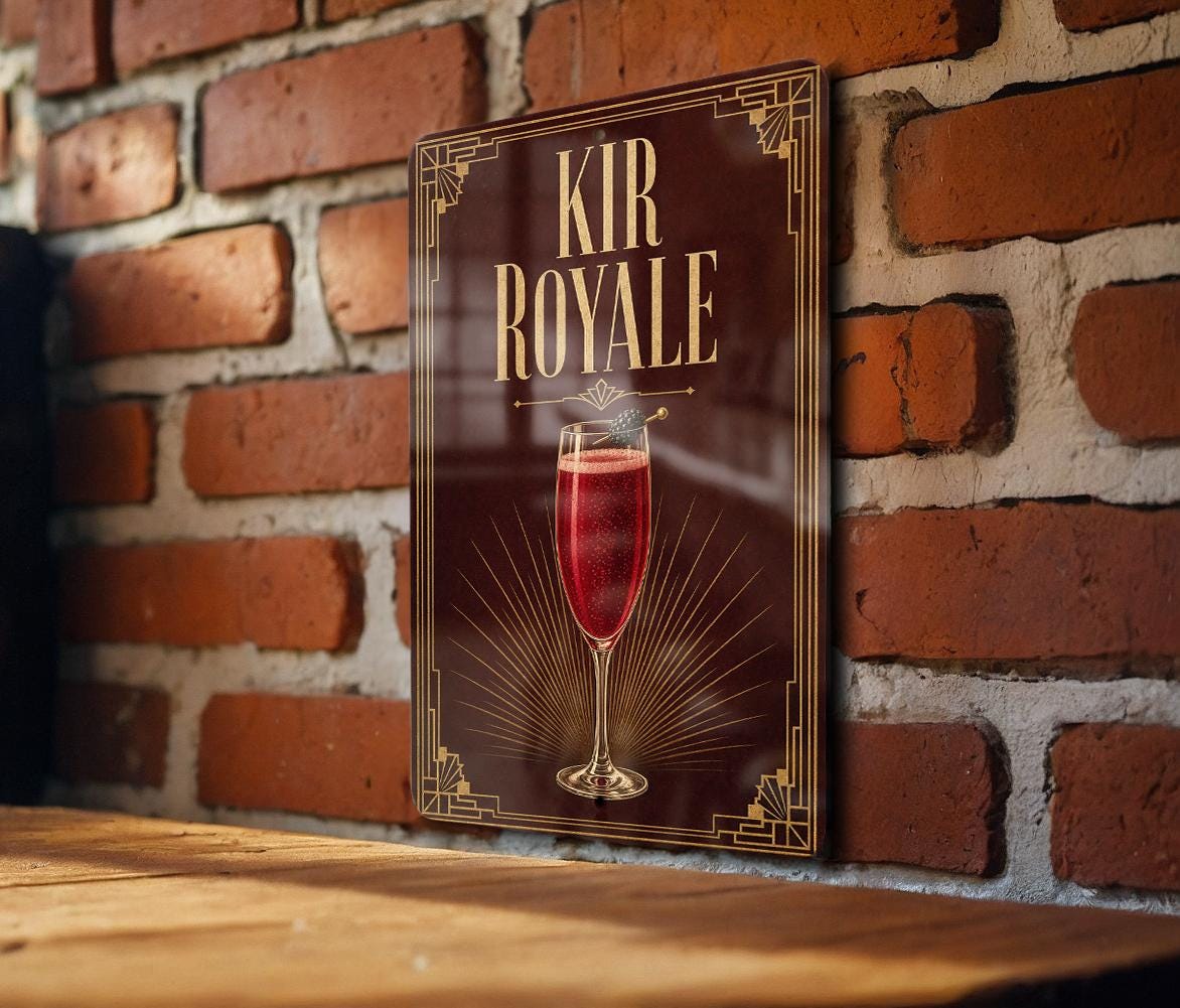 Kir Royale Metal Sign, Vintage 1920s Art Deco Cocktail Poster Bar Decor, French Aperitif Champagne Cassis Signage — photo 1