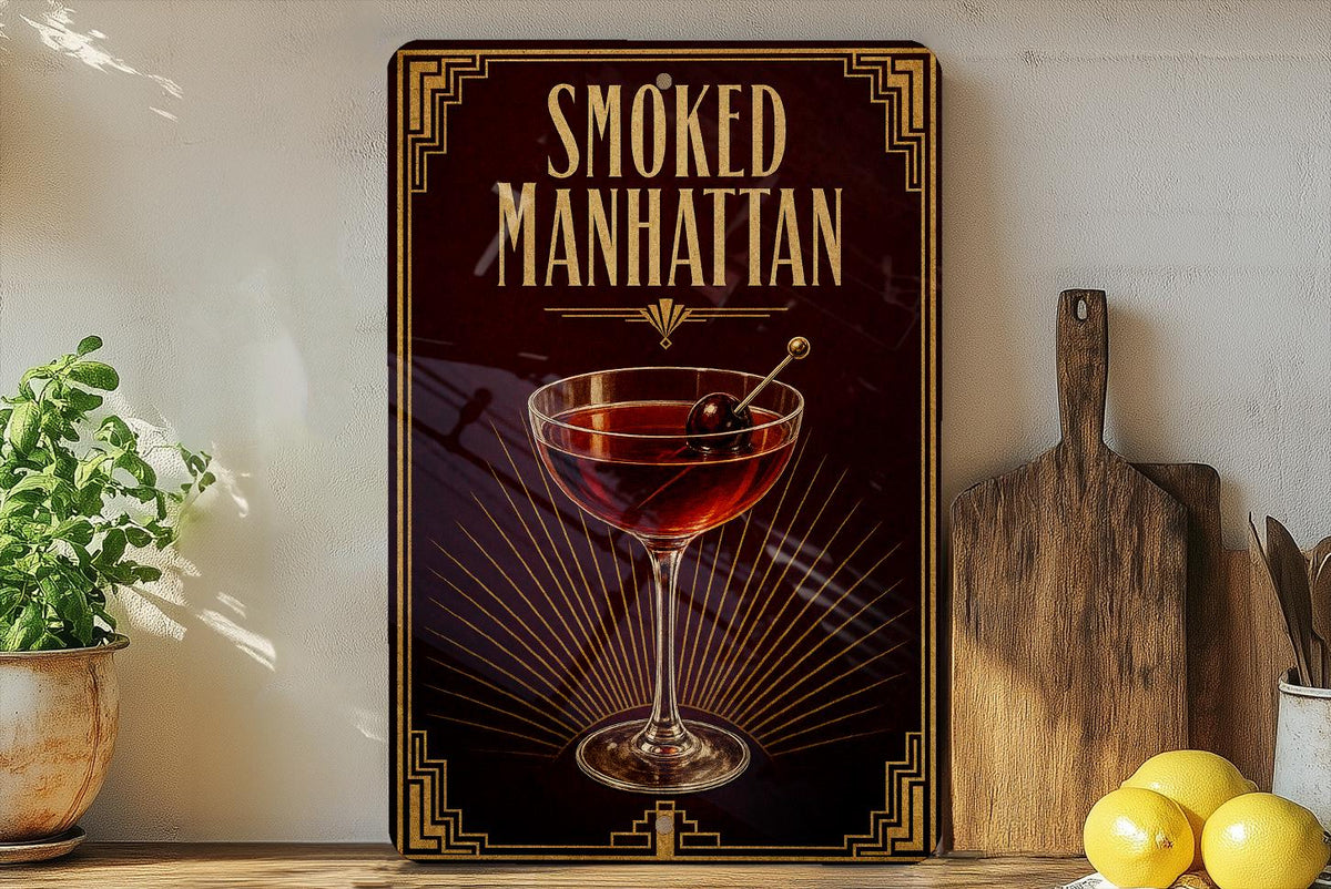 Smoked Manhattan Metal Sign, 1920s Art Deco Cocktail Poster Bar Decor, Whiskey Bourbon Drink Sign, Speakeasy Lounge Wall Sign — photo 1