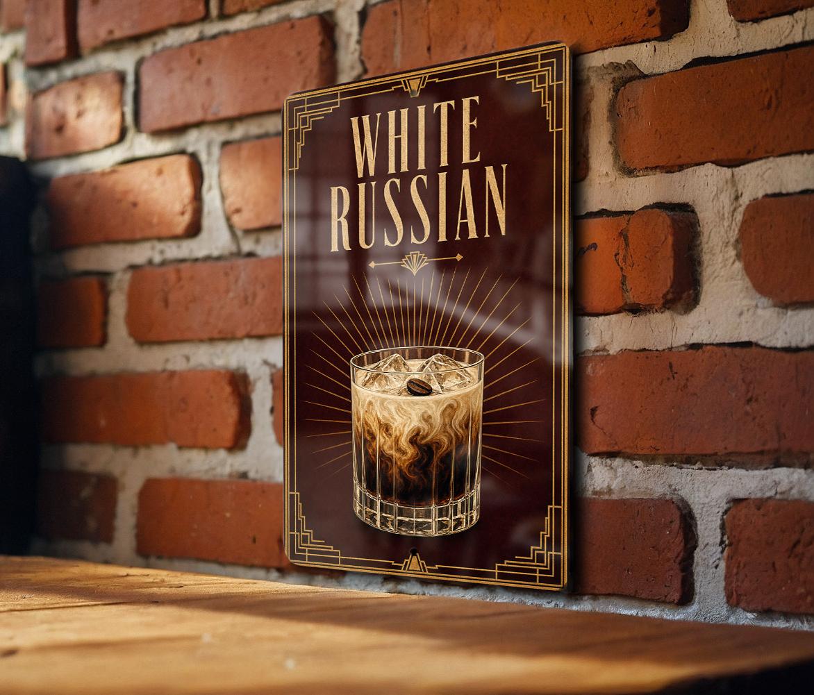 White Russian Cocktail Metal Sign, Vintage Art Deco Bar Decor, Classic Vodka Coffee Liqueur Cream Drink Poster Sign — photo 3