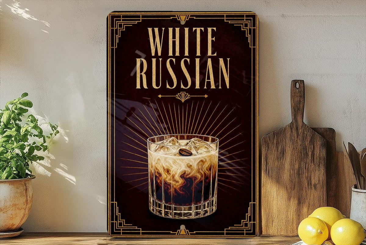 White Russian Cocktail Metal Sign, Vintage Art Deco Bar Decor, Classic Vodka Coffee Liqueur Cream Drink Poster Sign — photo 6