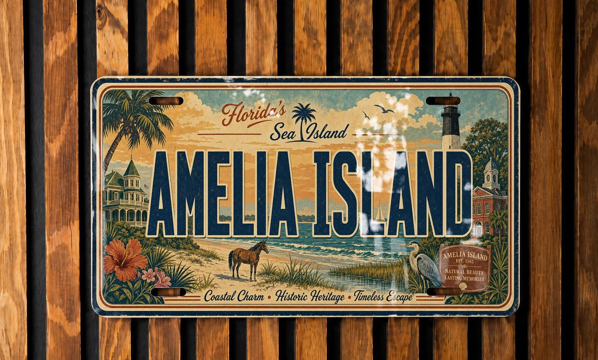 Amelia Island Florida Metal License Plate Sign, Travel Poster Style Souvenir Decor, Coastal Beach Destination Gift — photo 1