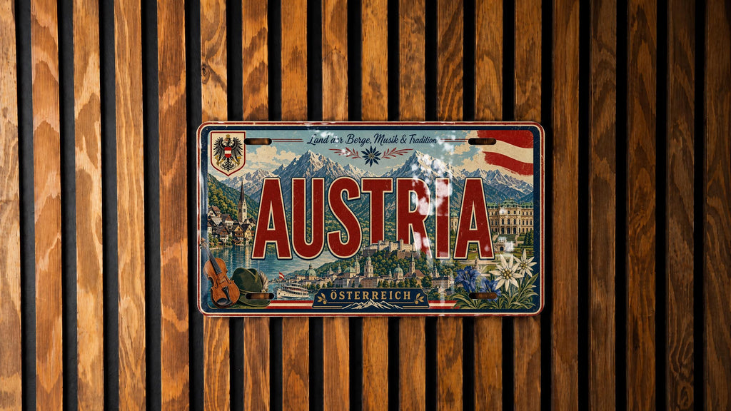 Austria License Plate Metal Sign, Travel Poster Style License Plate Wall Decor, Austrian Souvenir Sign, Vienna Austria Decor — photo 1