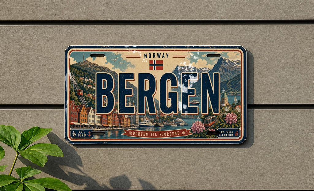Bergen Norway Metal License Plate Sign Travel Poster Style Souvenir Car Tag Wall Decor — photo 1