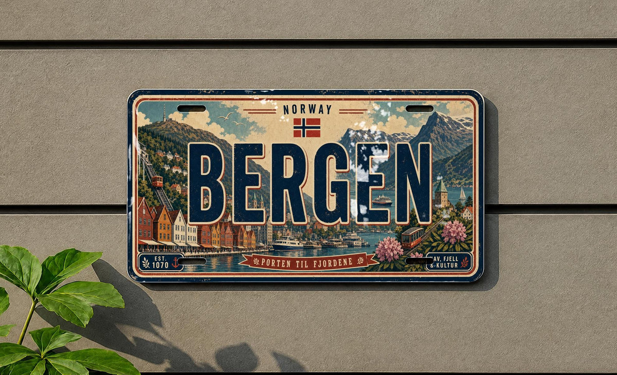 Bergen Norway Metal License Plate Sign Travel Poster Style Souvenir Car Tag Wall Decor — photo 1