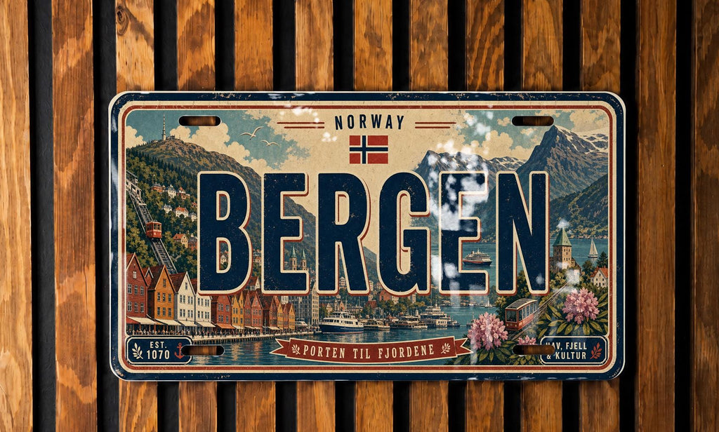 Bergen Norway Metal License Plate Sign Travel Poster Style Souvenir Car Tag Wall Decor — photo 4