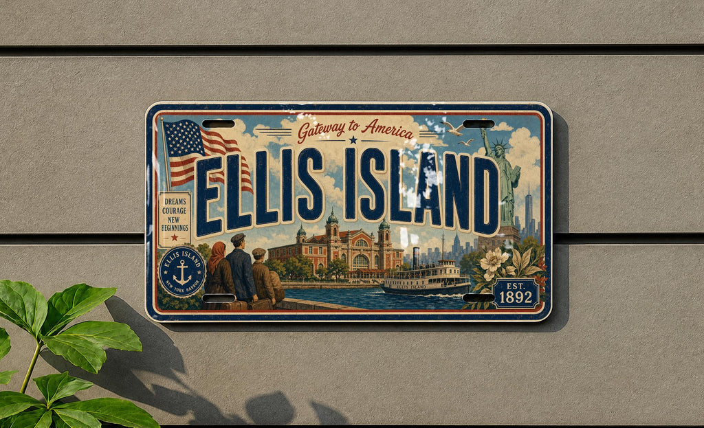Ellis Island Metal License Plate Sign, New York Harbor Travel Poster Souvenir, Statue of Liberty Immigration Landmark Decor — photo 2