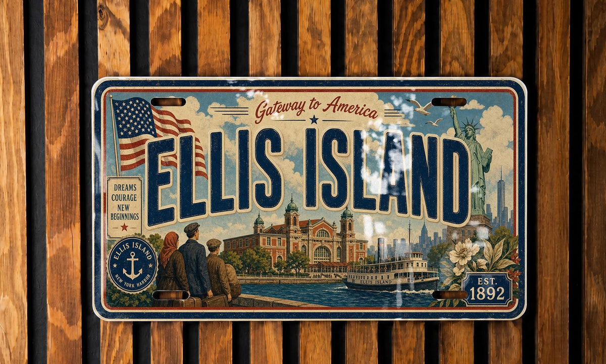 Ellis Island Metal License Plate Sign, New York Harbor Travel Poster Souvenir, Statue of Liberty Immigration Landmark Decor — photo 3