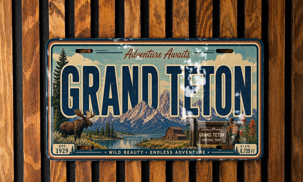 Grand Teton National Park Metal License Plate Sign, Wyoming Mountain Travel Poster License Plate Decor, Rustic Cabin Wall Art — photo 1
