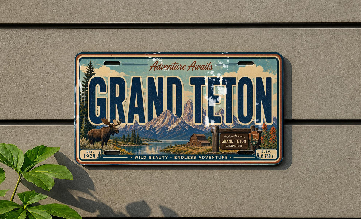Grand Teton National Park Metal License Plate Sign, Wyoming Mountain Travel Poster License Plate Decor, Rustic Cabin Wall Art — photo 2