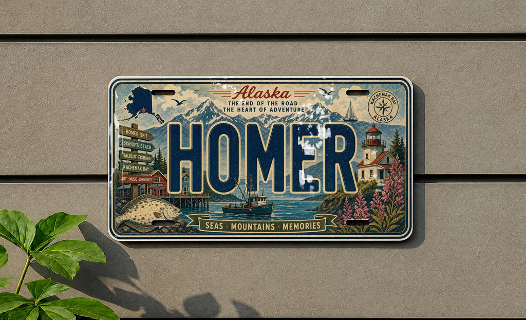 Homer Alaska Metal License Plate Sign Travel Poster Souvenir Decor, Homer Spit Kachemak Bay Scenic Road Trip Gift — photo 1