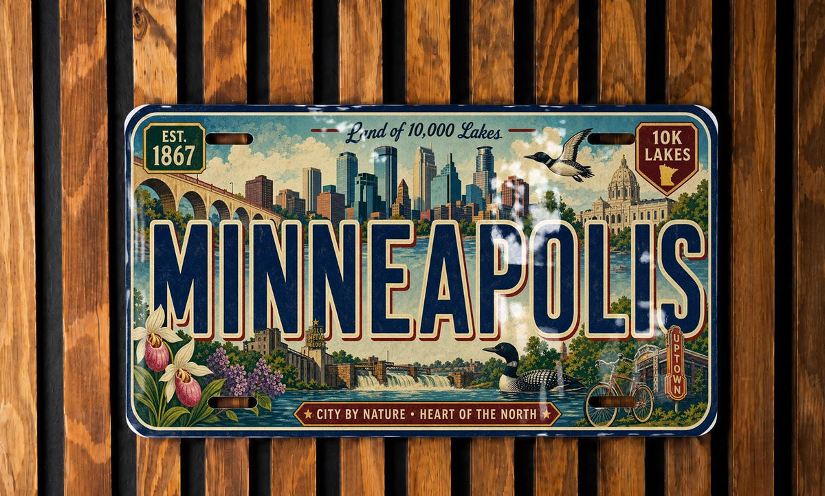 Minneapolis Minnesota Metal License Plate Sign, Travel Poster Style Souvenir Decor, Twin Cities Landmark Theme Wall Art — photo 1