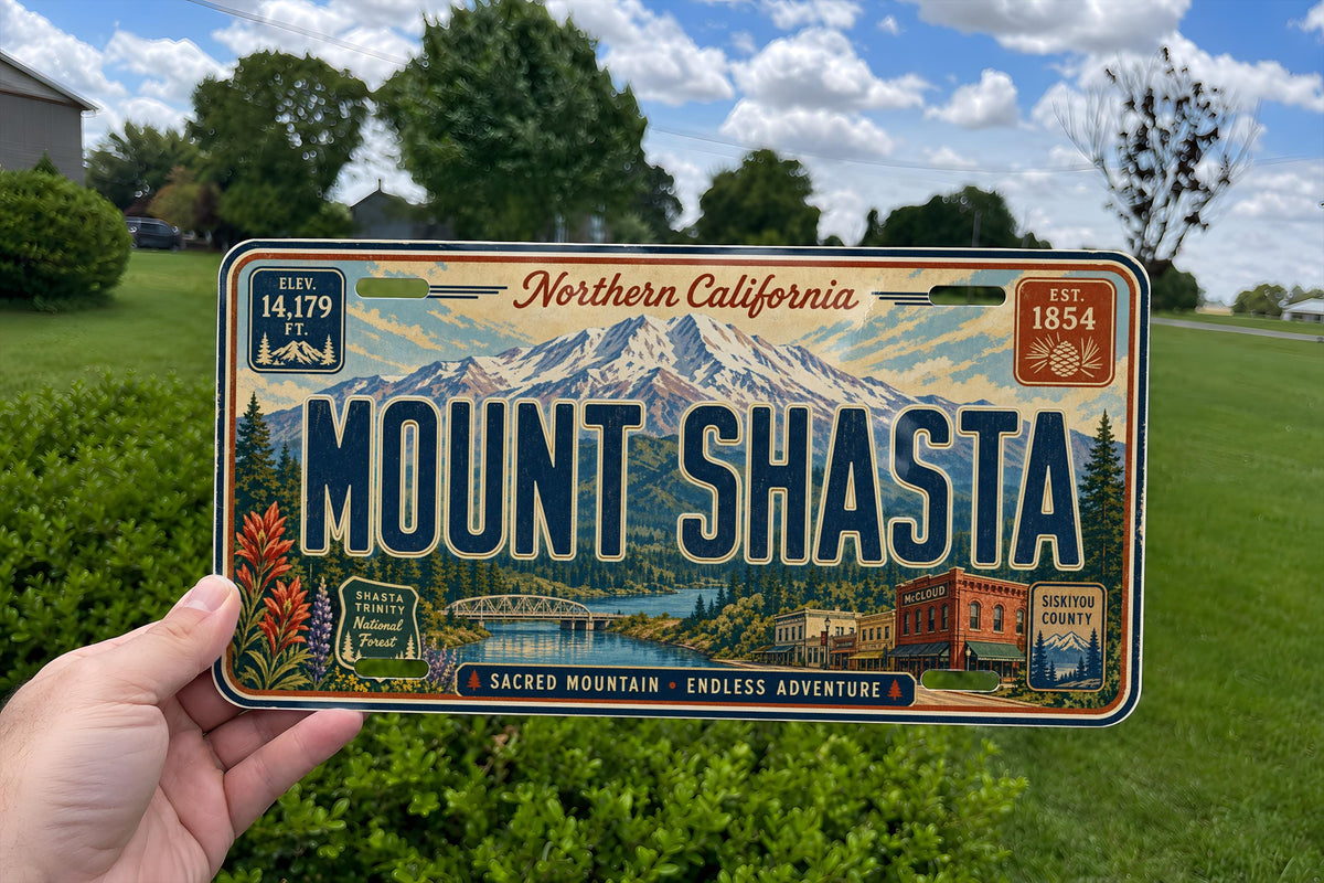 Mount Shasta California Metal License Plate Sign, Travel Poster Style Souvenir Decor, Mountain Landscape Scenic Plate — photo 1