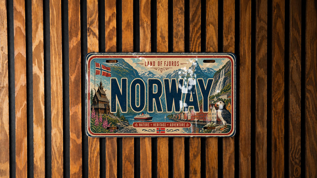 Norway License Plate Metal Sign, License Plate Travel Poster Style Souvenir Decor, Scandinavian Road Trip Wall Art — photo 1