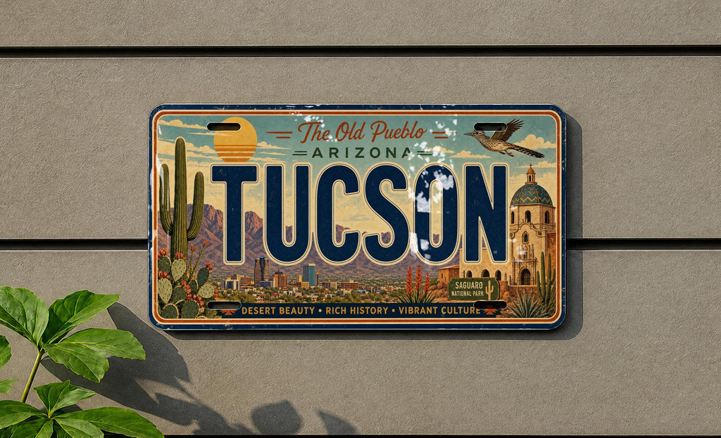 Tucson Arizona Metal License Plate Sign, Tucson Travel Poster Style License Plate Wall Decor, Southwest Desert City Souvenir Gift — photo 1