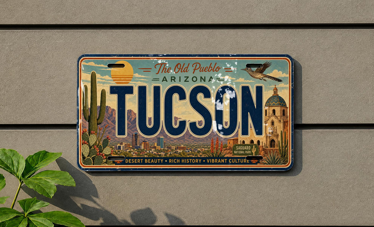 Tucson Arizona Metal License Plate Sign, Tucson Travel Poster Style License Plate Wall Decor, Southwest Desert City Souvenir Gift — photo 1