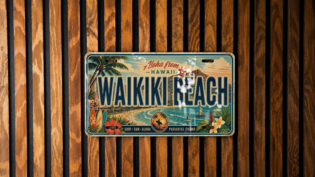 Waikiki Beach Hawaii Metal License Plate Sign, Travel Poster Souvenir, Honolulu Coastal Beach Scene Decor — photo 1