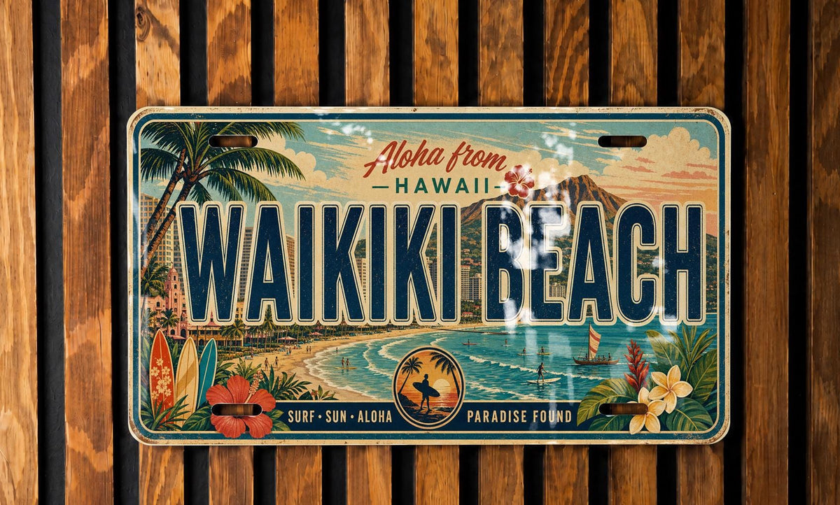 Waikiki Beach Hawaii Metal License Plate Sign, Travel Poster Souvenir, Honolulu Coastal Beach Scene Decor — photo 2