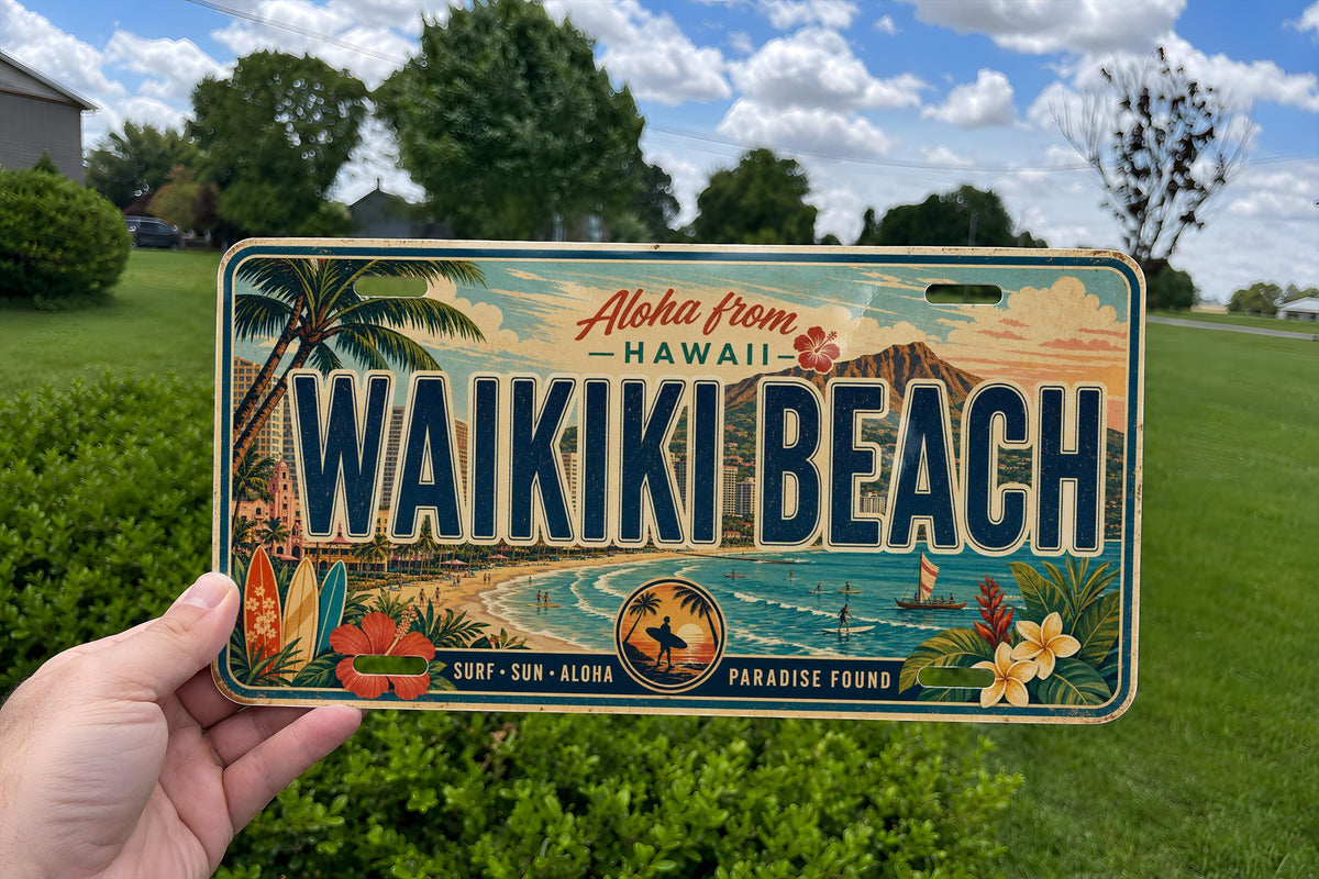 Waikiki Beach Hawaii Metal License Plate Sign, Travel Poster Souvenir, Honolulu Coastal Beach Scene Decor — photo 3