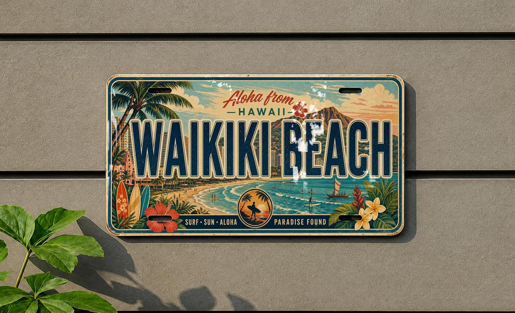 Waikiki Beach Hawaii Metal License Plate Sign, Travel Poster Souvenir, Honolulu Coastal Beach Scene Decor — photo 4