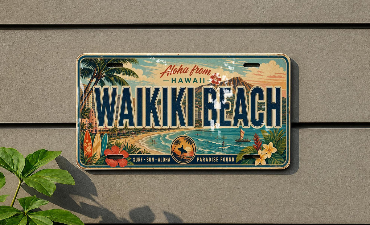 Waikiki Beach Hawaii Metal License Plate Sign, Travel Poster Souvenir, Honolulu Coastal Beach Scene Decor — photo 4