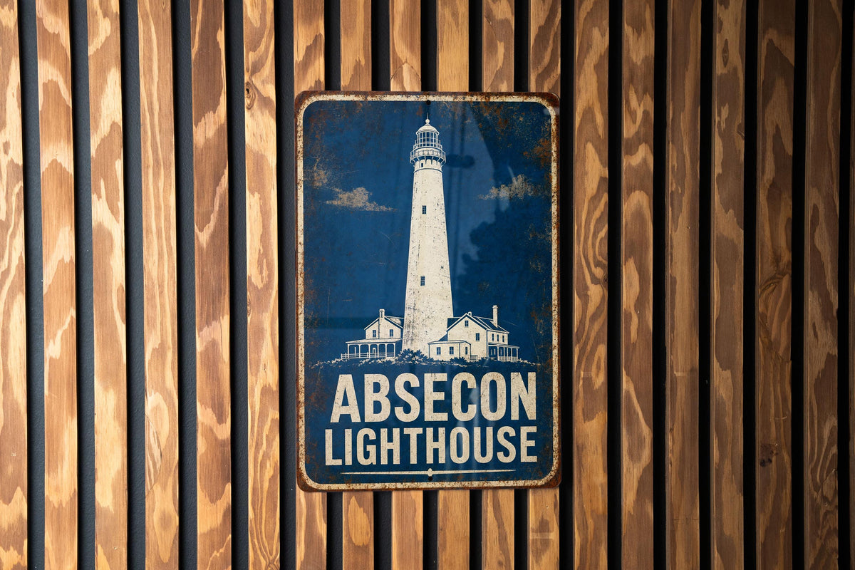 Absecon Lighthouse Metal Sign, Vintage Blueprint Style Lighthouse Wall Decor, New Jersey Coastal Landmark Sign, Nautical Beach House Decor — photo 1