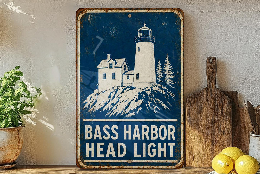 Bass Harbor Head Light Lighthouse Metal Sign Vintage Blueprint Style Maine Coastal Landmark Wall Decor — photo 2