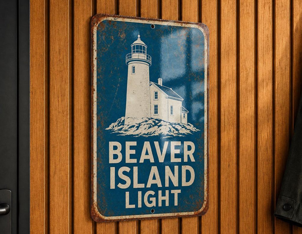 Beaver Island Light Lighthouse Metal Sign, Vintage Blueprint Style Coastal Lighthouse Wall Decor, Great Lakes Michigan Gift — photo 1
