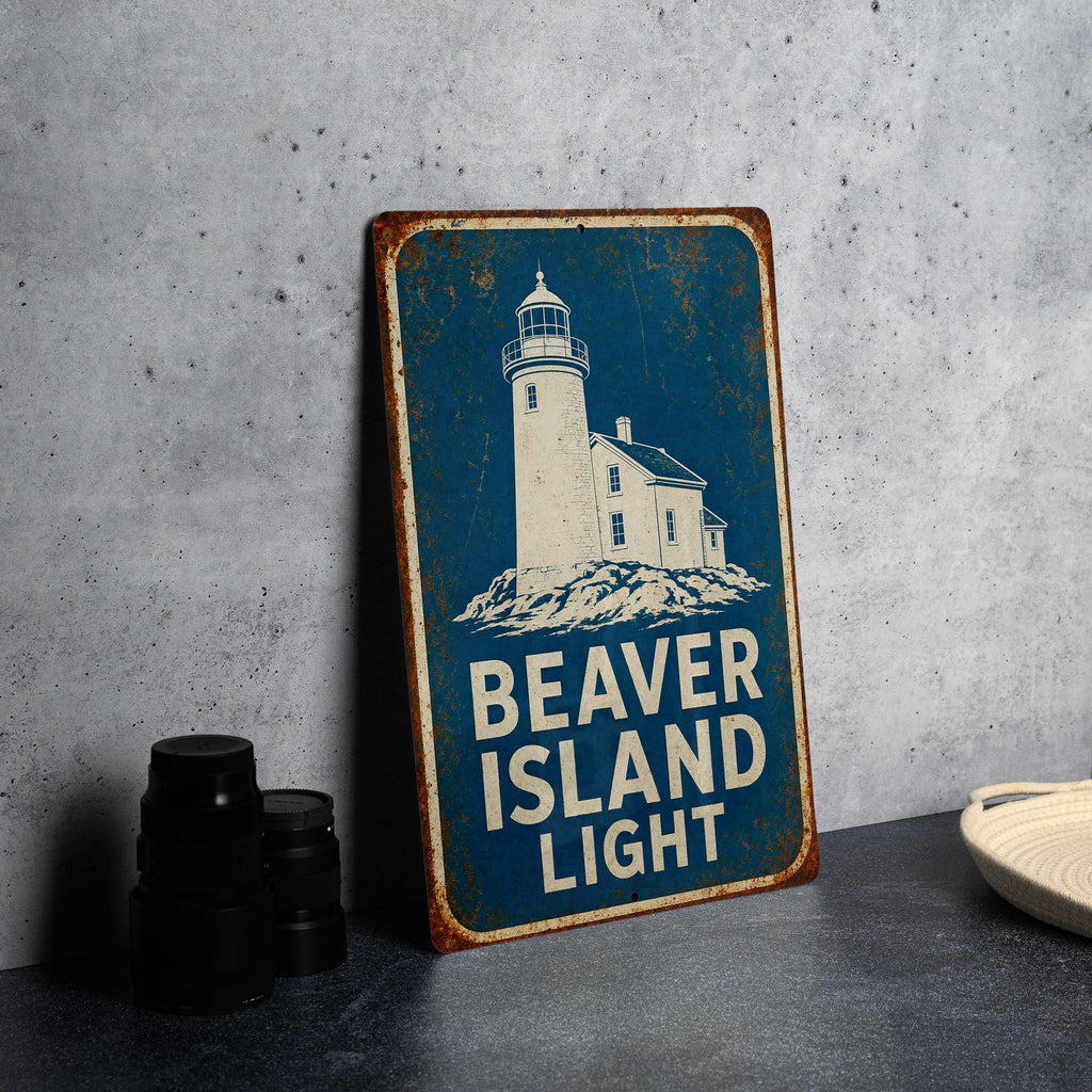 Beaver Island Light Lighthouse Metal Sign, Vintage Blueprint Style Coastal Lighthouse Wall Decor, Great Lakes Michigan Gift — photo 2