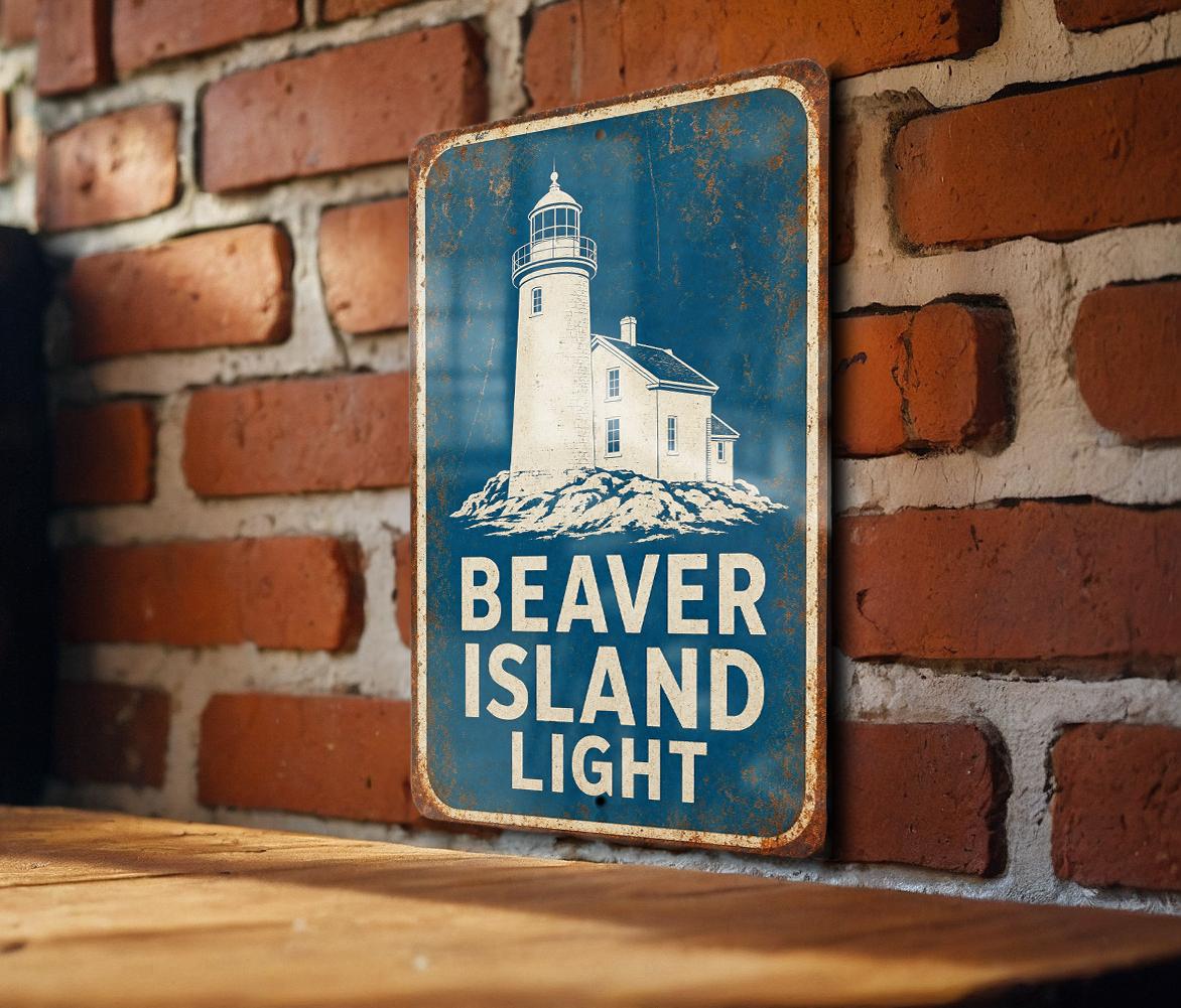 Beaver Island Light Lighthouse Metal Sign, Vintage Blueprint Style Coastal Lighthouse Wall Decor, Great Lakes Michigan Gift — photo 3