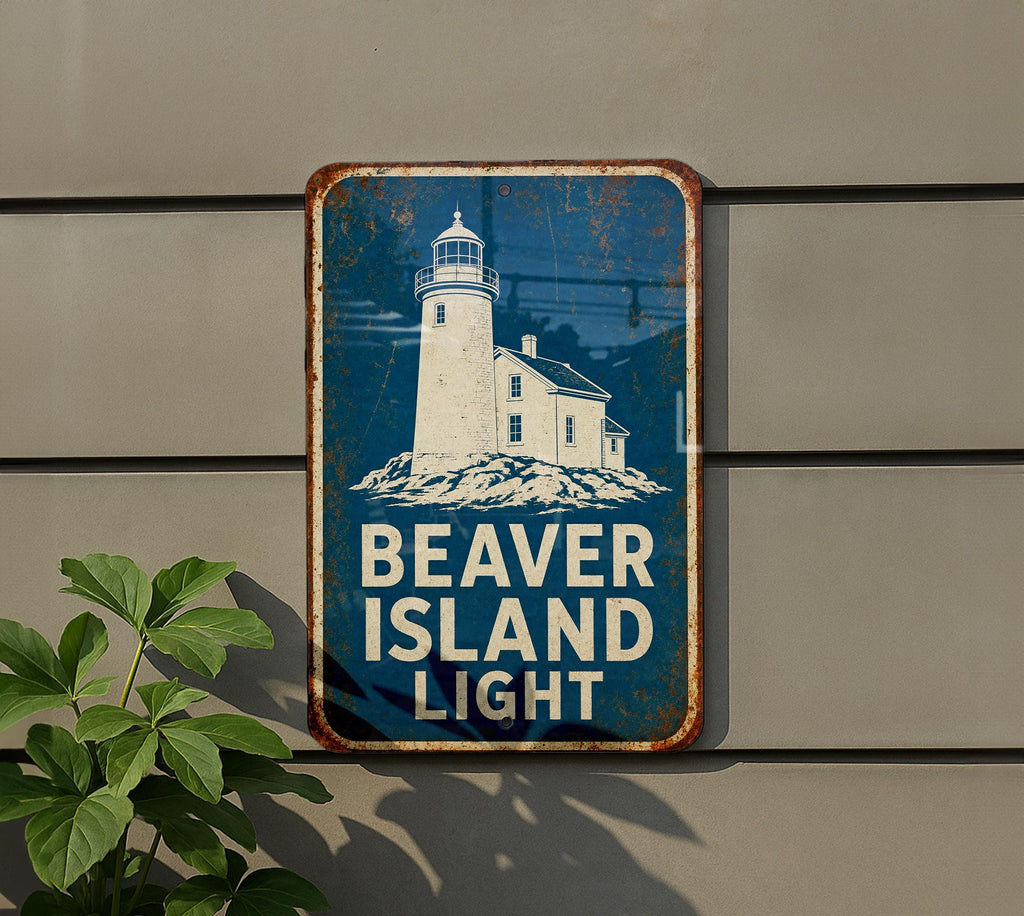Beaver Island Light Lighthouse Metal Sign, Vintage Blueprint Style Coastal Lighthouse Wall Decor, Great Lakes Michigan Gift — photo 4