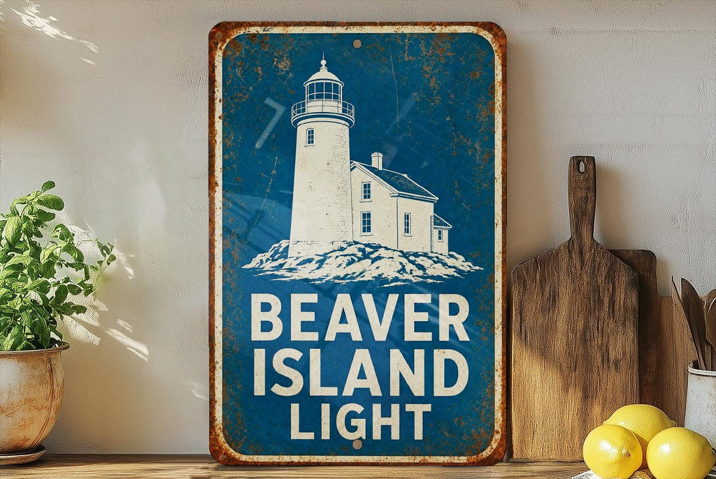 Beaver Island Light Lighthouse Metal Sign, Vintage Blueprint Style Coastal Lighthouse Wall Decor, Great Lakes Michigan Gift — photo 5