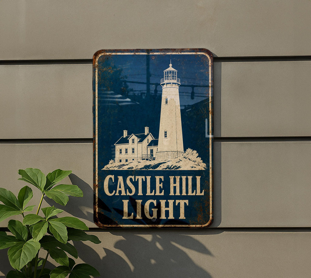 Castle Hill Light Lighthouse Metal Sign, Vintage Blueprint Style Coastal Rhode Island Nautical Wall Decor — photo 1