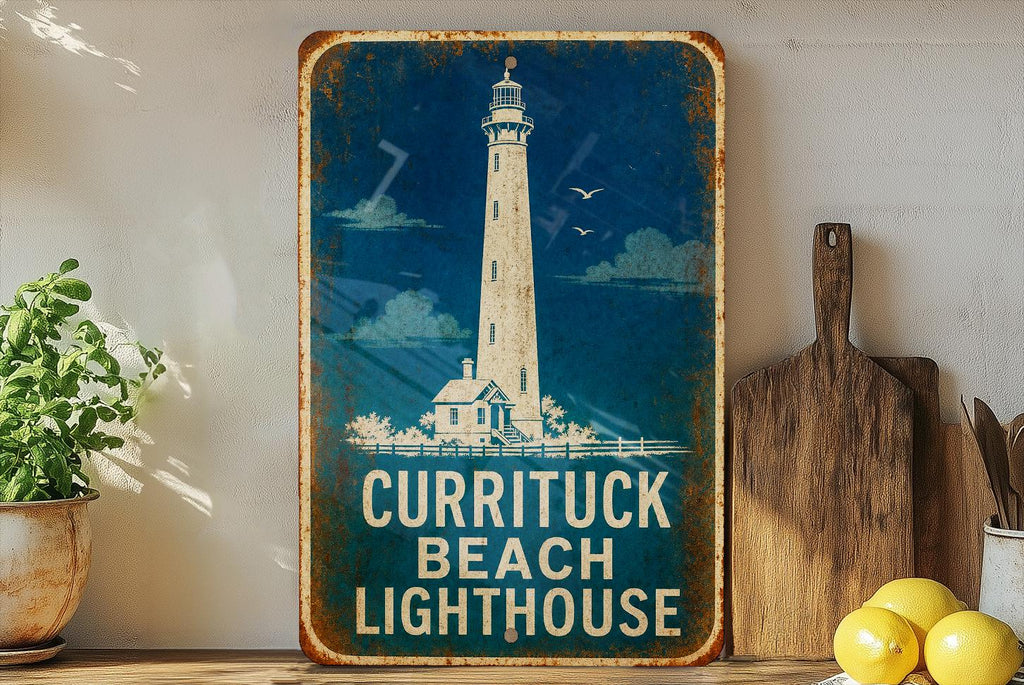 Currituck Beach Lighthouse Metal Sign, Vintage Blueprint Style Lighthouse Wall Decor, Outer Banks North Carolina Coastal Sign — photo 1