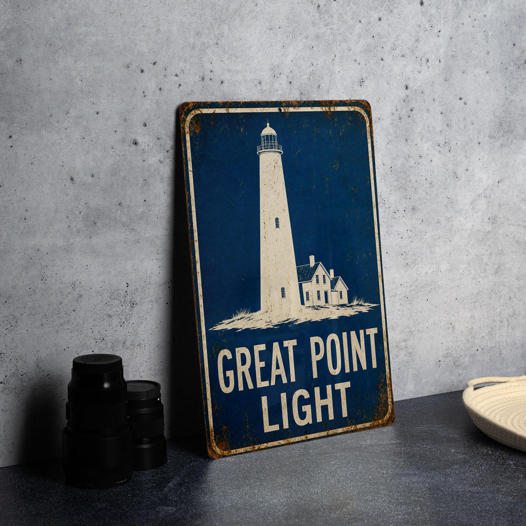 Great Point Light Lighthouse Metal Sign, Vintage Blueprint Style Coastal Nautical Wall Decor, Maine Lighthouse Gift — photo 1
