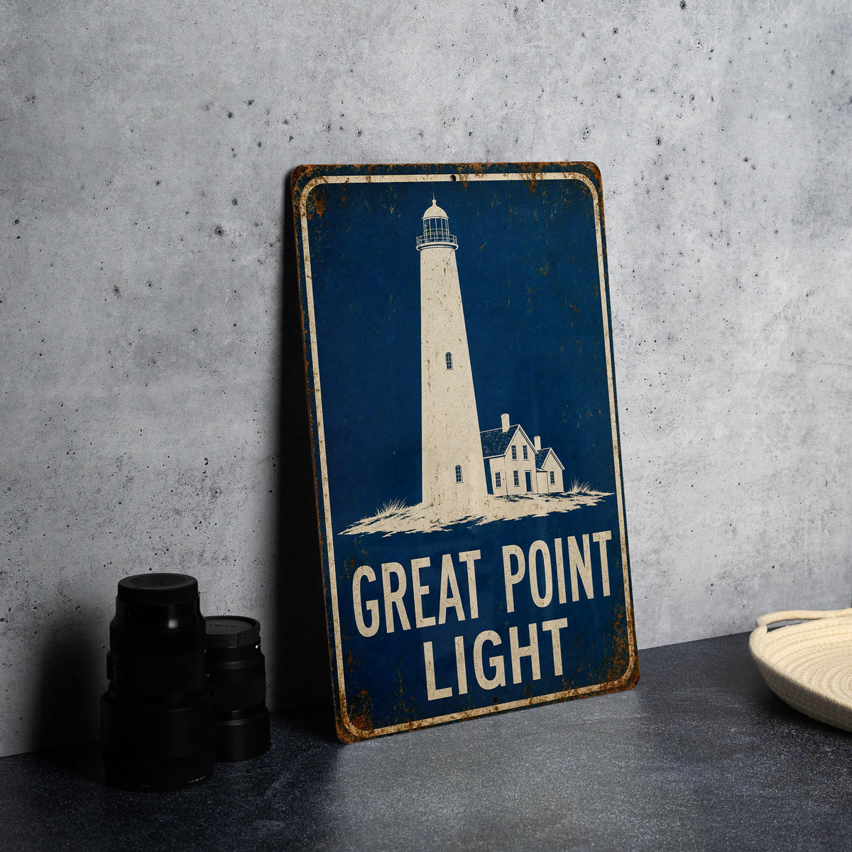 Great Point Light Lighthouse Metal Sign, Vintage Blueprint Style Coastal Nautical Wall Decor, Maine Lighthouse Gift — photo 1