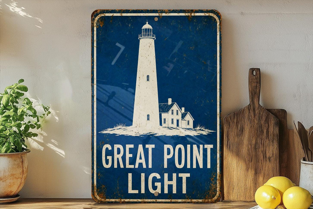 Great Point Light Lighthouse Metal Sign, Vintage Blueprint Style Coastal Nautical Wall Decor, Maine Lighthouse Gift — photo 2