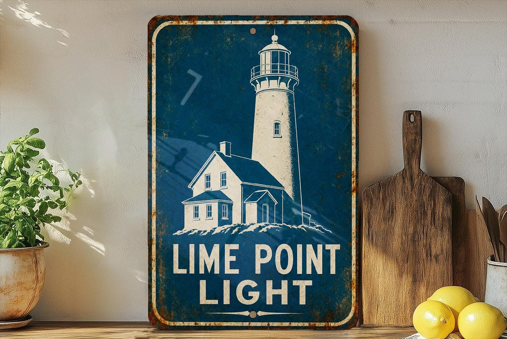 Lime Point Light Lighthouse Metal Sign, Vintage Blueprint Coastal Nautical Decor, Marin County California Lighthouse Sign — photo 2