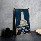 Michigan City East Pierhead Light Metal Sign, Vintage Blueprint Style Lighthouse Wall Decor, Indiana Lake Michigan Landmark Sign — photo 1