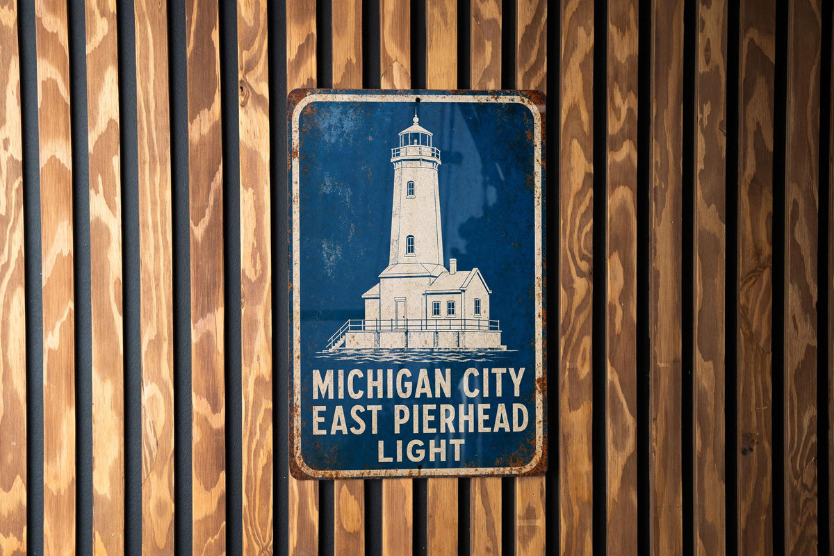Michigan City East Pierhead Light Metal Sign, Vintage Blueprint Style Lighthouse Wall Decor, Indiana Lake Michigan Landmark Sign — photo 3