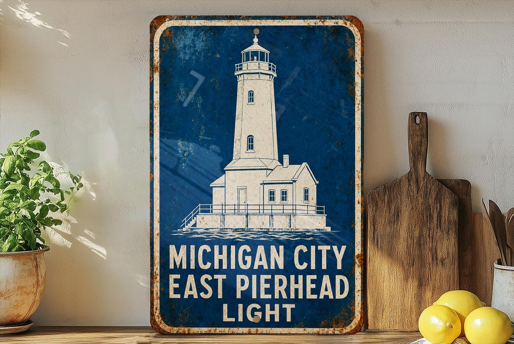 Michigan City East Pierhead Light Metal Sign, Vintage Blueprint Style Lighthouse Wall Decor, Indiana Lake Michigan Landmark Sign — photo 4