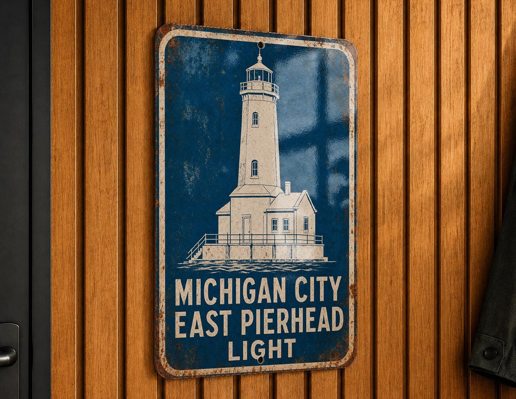 Michigan City East Pierhead Light Metal Sign, Vintage Blueprint Style Lighthouse Wall Decor, Indiana Lake Michigan Landmark Sign — photo 5