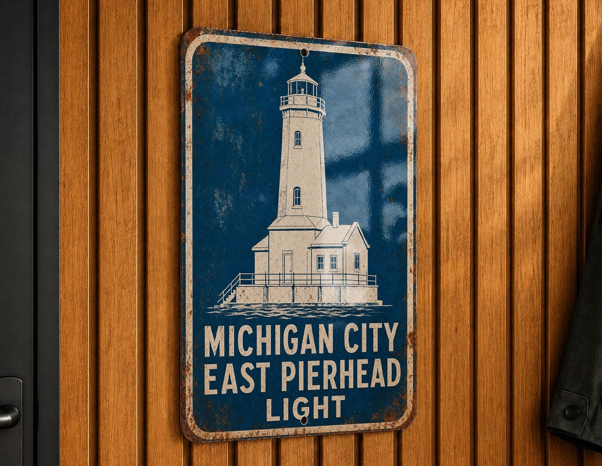 Michigan City East Pierhead Light Metal Sign, Vintage Blueprint Style Lighthouse Wall Decor, Indiana Lake Michigan Landmark Sign — photo 5