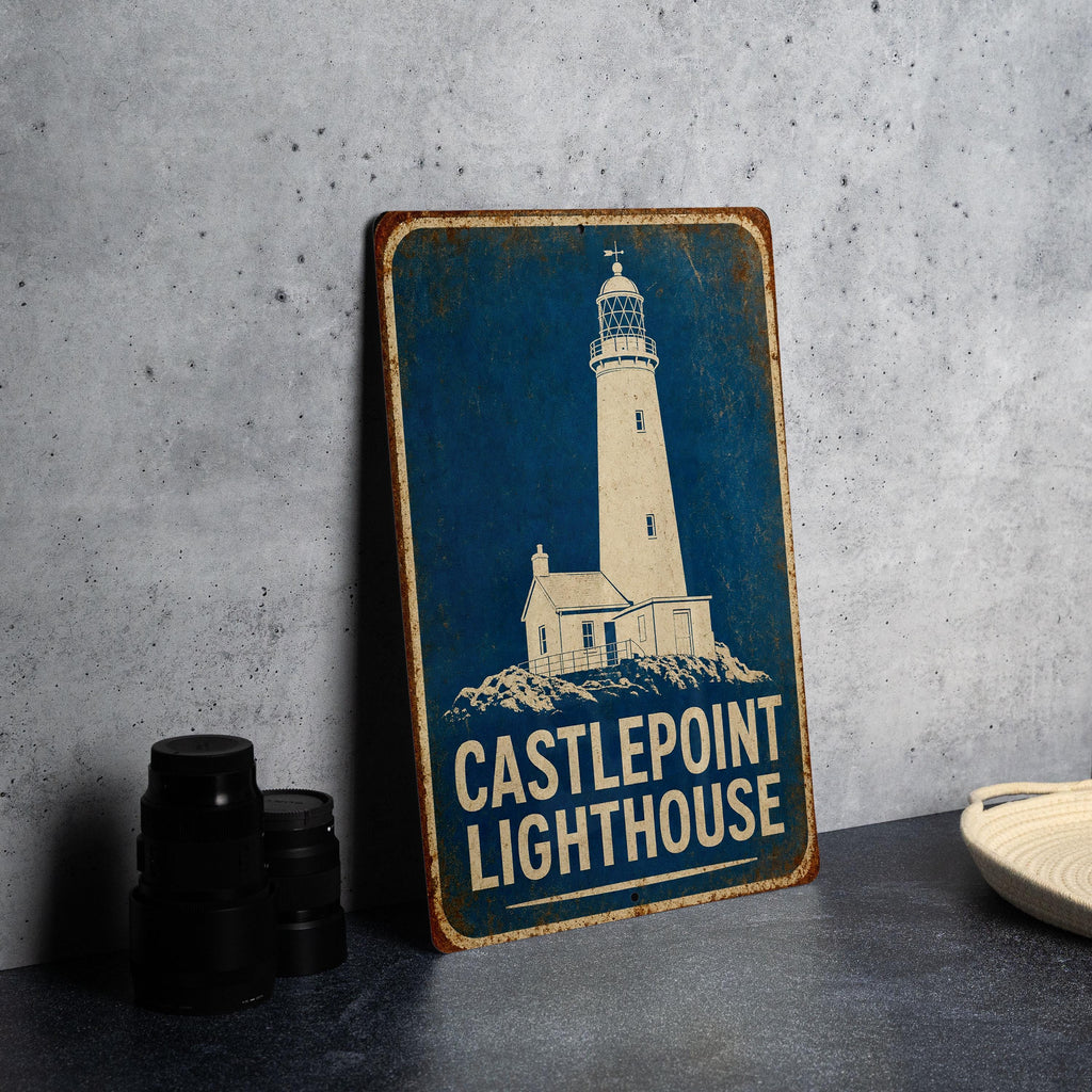 Castlepoint Lighthouse Vintage Blueprint Metal Sign, Coastal Nautical Lighthouse Decor, Maritime Wall Plaque, Beach House Sign — photo 1